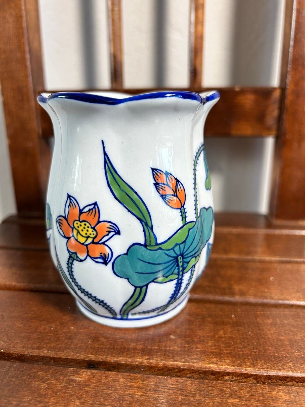 Vintage Chinese Porcelain Lotus Vase Hand Painted Blue White Scalloped Rim